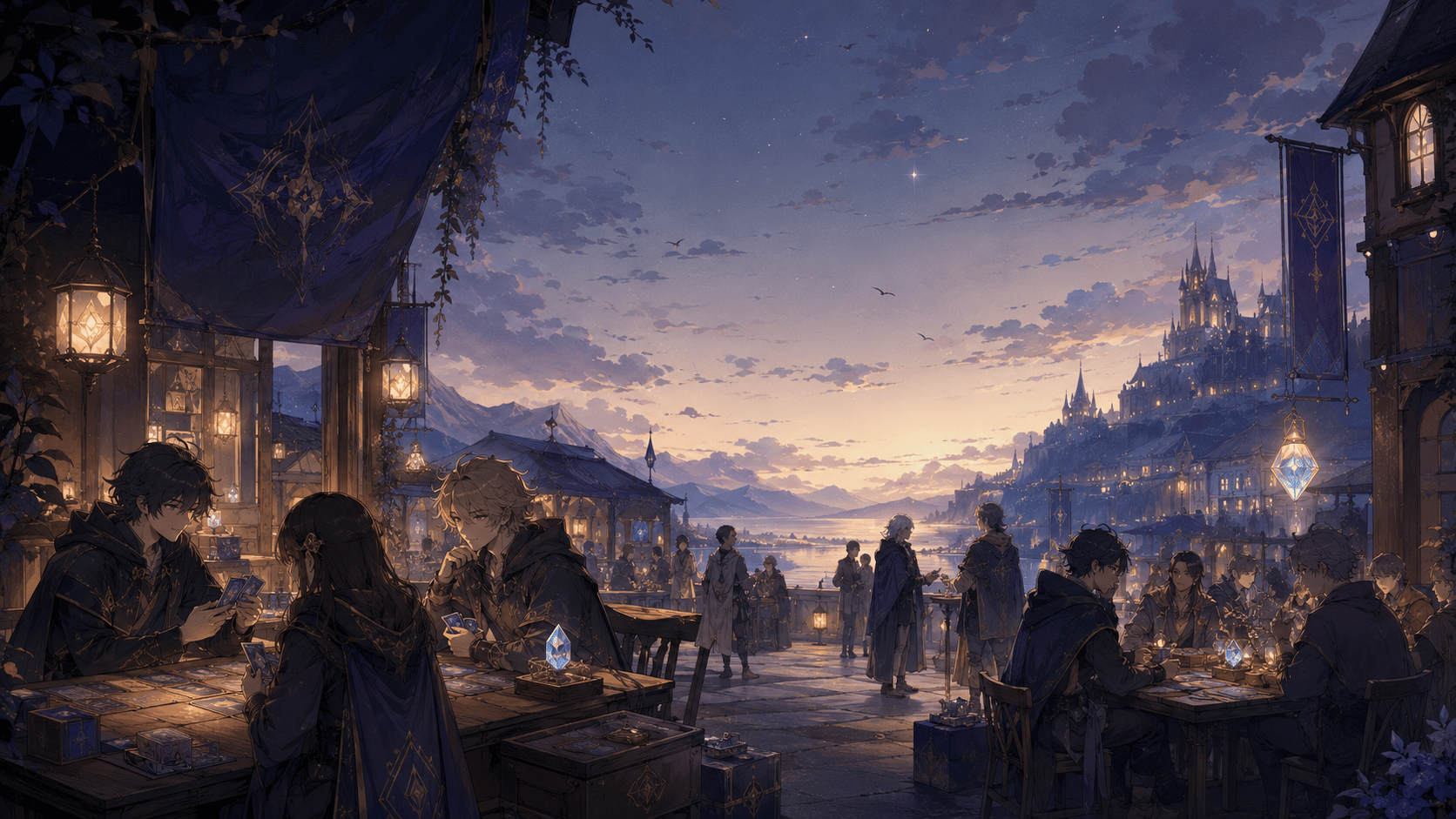 Busy FateDrop trading-card event with collectors, vendors and the city beyond