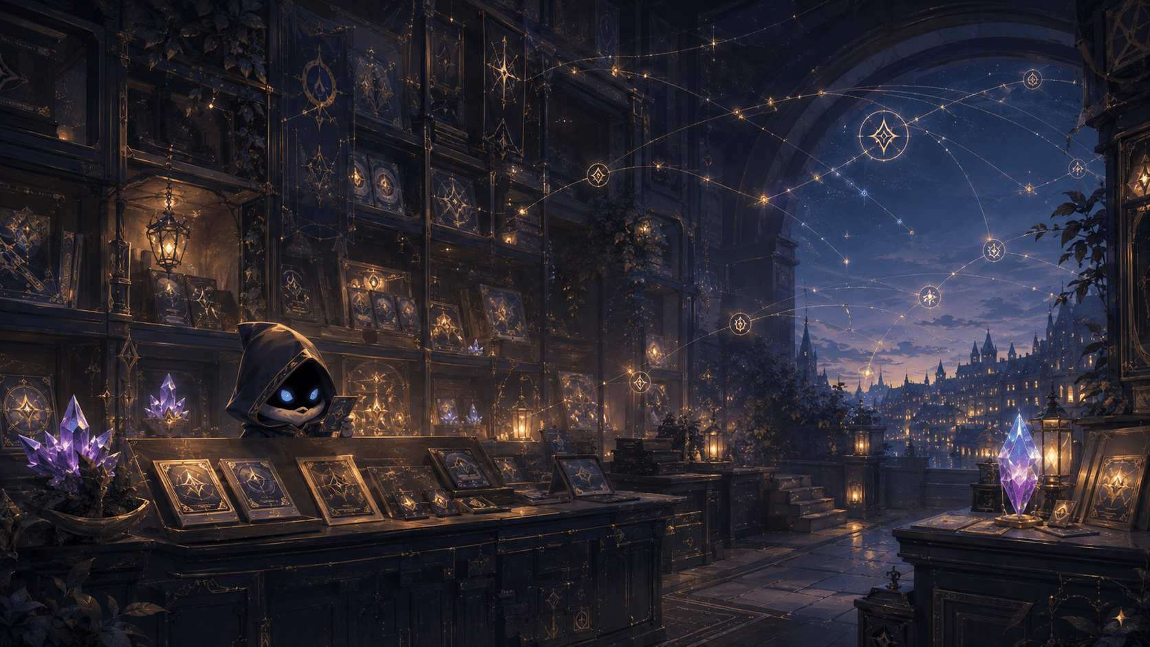 FateDrop retailer space with trading-card displays, signal mapping and Oru behind the counter