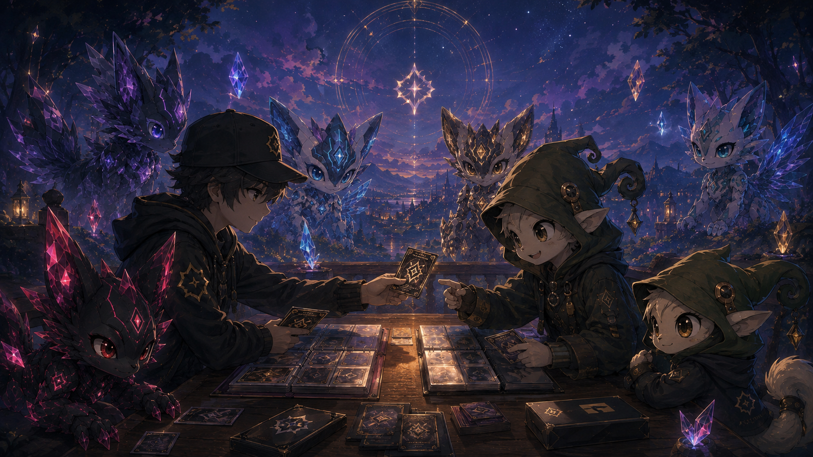 FateDrop collectors and Koru & Friends gathered around trading cards in the FateDrop world.