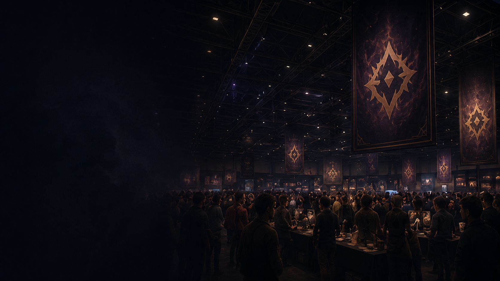 FateDrop event artwork showing a dark trading-card convention hall